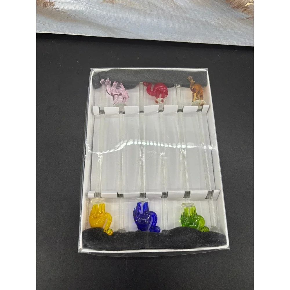 Vintage Hand Blown Art Glass Camel Swizzle Sticks Multicolor Barware Set of 6